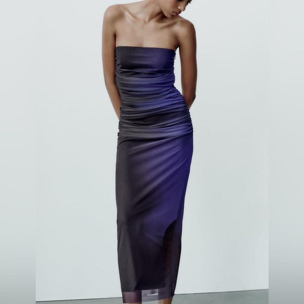 Zara PRINTED STRAPLESS TULLE DRESS - Black & Purple